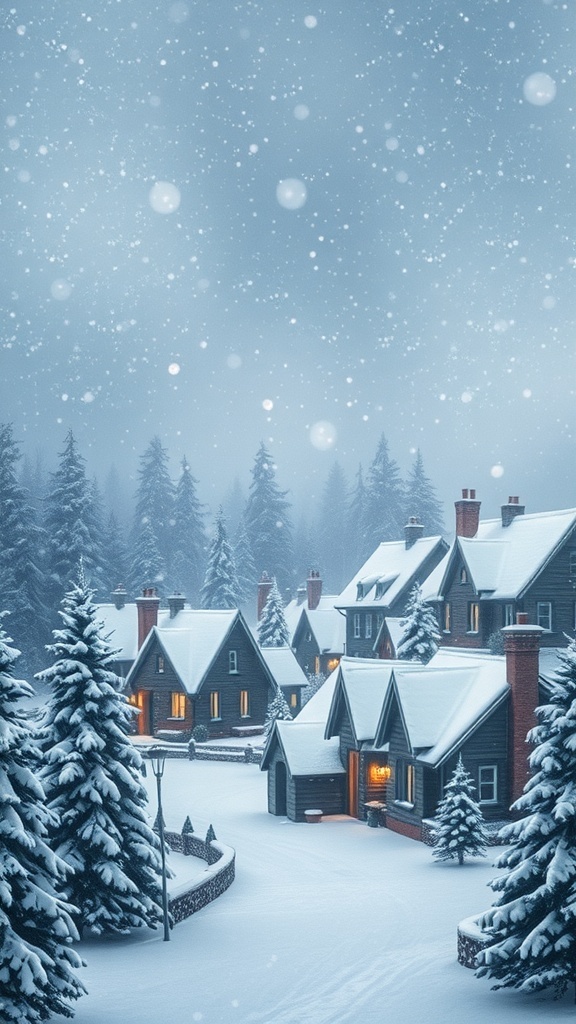 A winter village scene with snowflakes, Christmas lights, and cozy cottages.